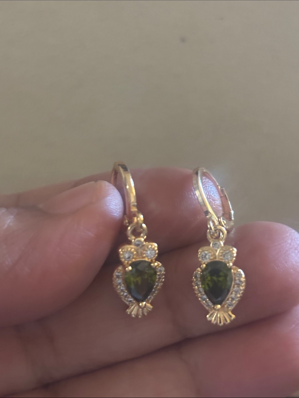 Gold Owl Drop Earrings with Dark Green Gemstones